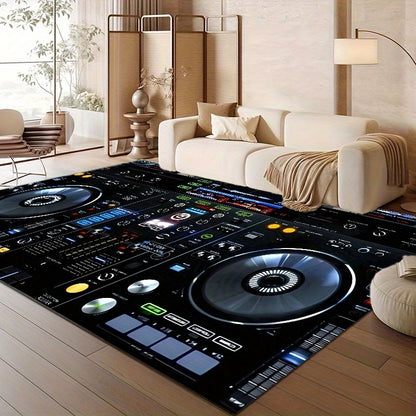 Large Non-Slip Floor Mat Mat - DJ Turntable Design -Slip Living Room Bedroom Bathroom Mat, Machine Washable Indoor/Outdoor Mat for Home Studio, Parties, Gym - Black Background with DJ Controls Graphic