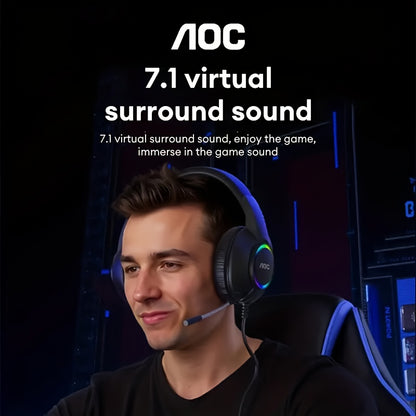 AOC Surround Bass Headphones with LED Lights, Jack, Volume Control, Condenser Mic, Tangle-Free Design, Compatible with PS5, PS4, Xbox One Controllers & Mobile Devices, Like Switch - Open-back Earcups, Black Plastic Material