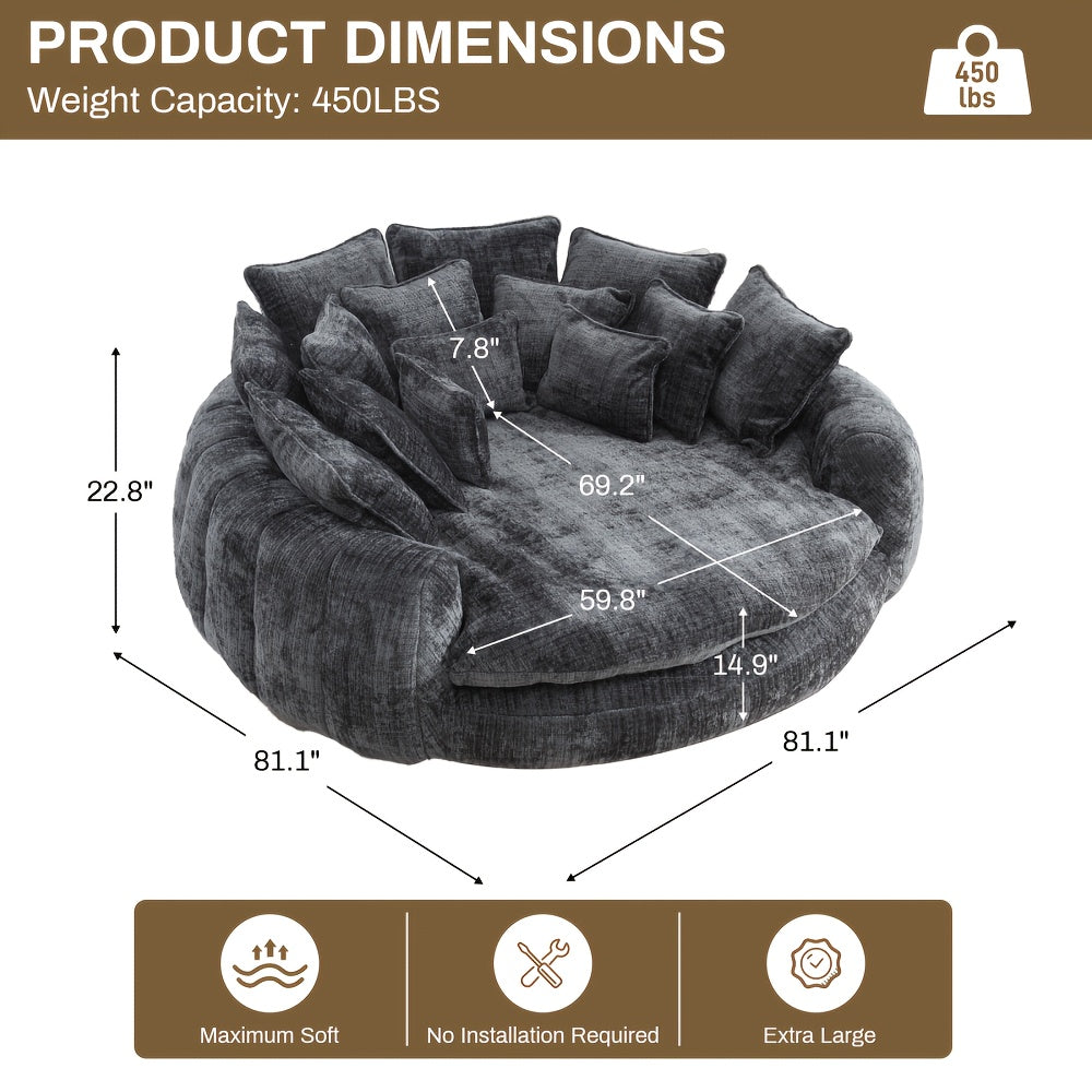 Modern 81" Oversized Bean Bag Chair - Upholstered Chenille Round Sofa Bed with Plush Fluffy Cushion, Deep Seat & Open Back Design, No Assembly Required, Gray Fabric for Living Room, Apartment, or Guest Room, Cozy Seating, Con