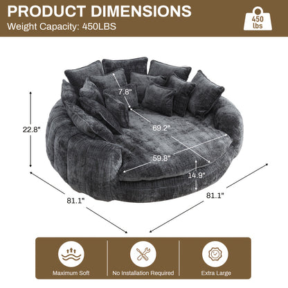 Modern 81" Oversized Bean Bag Chair - Upholstered Chenille Round Sofa Bed with Plush Fluffy Cushion, Deep Seat & Open Back Design, No Assembly Required, Gray Fabric for Living Room, Apartment, or Guest Room, Cozy Seating, Con