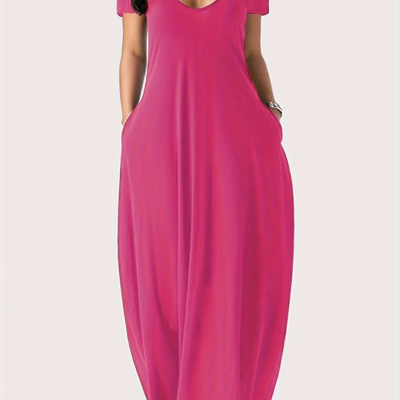 Solid Simple Dress, Casual Short Sleeve Maxi Dress With Pockets, Women's Clothing