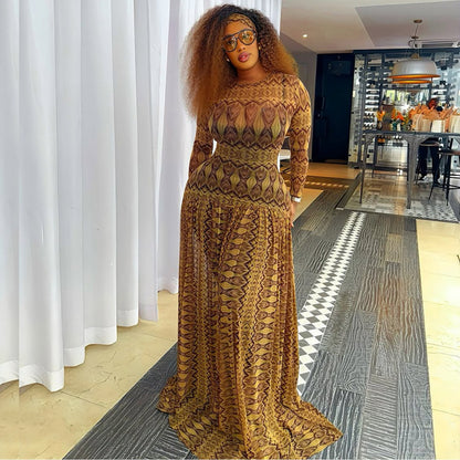 Women'S Elegant Long Sleeve Maxi Dress with Ruched Waist & Geometric Print - Loose Fit Bodycon Silhouette, Round Neck Long Dress in Brown - Comfortable Formal & Semi-Formal Outfits for Fall/Winter, Casual to Formal Events - V