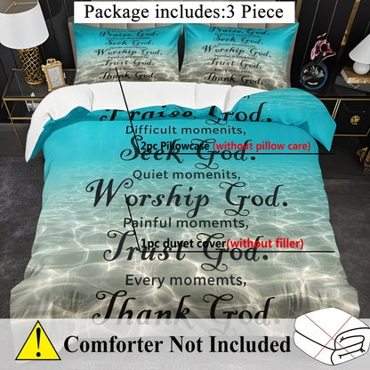 Blue-Green Gradient Duvet Cover Set with Inspirational Christian Quotes - Soft Polyester, Machine Washable, Includes 1 Duvet Cover & 2 Pillowcases, All-Season Gift for Home Use, Perfect for Family and Friends, Machine Washabl