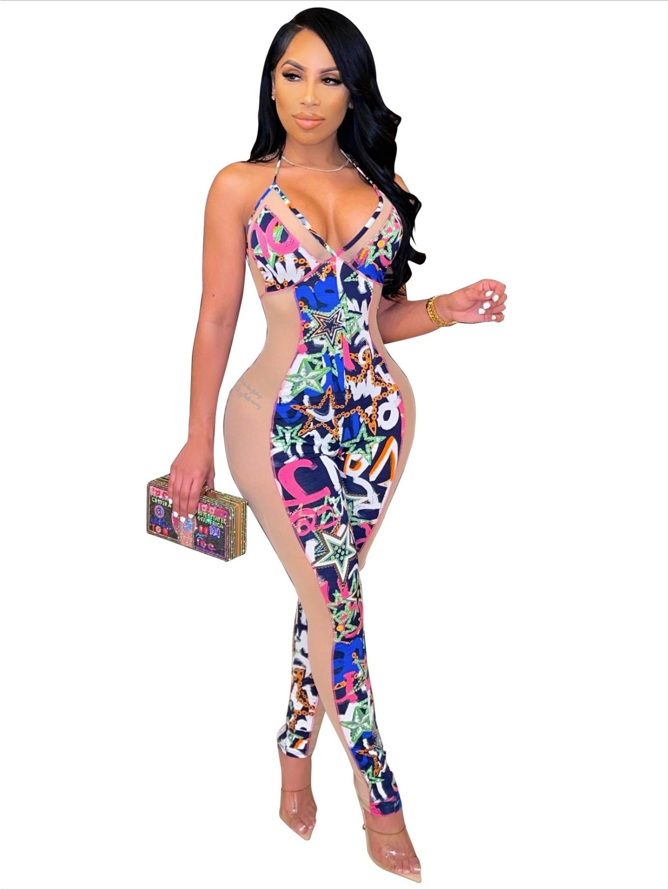 LUCKFOX Sexy Halter Jumpsuit with Digital Print and Contrasting Color Splicing | Mesh, Sleeveless, Midi Length, Geometric Pattern, Casual Style, Perfect for Spring/Summer/Fall