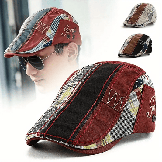 Vintage Colorblock Patchwork Newsboy Cap - Unisex Plaid & Polka Dot Lettering Hat, Burgundy/Black/Grey Retro Design for Men & Women, Casual & Holiday Outfits, Vintage Cap For Men, Hats For Men, Mens Hats, Ivy Caps For Men, Me