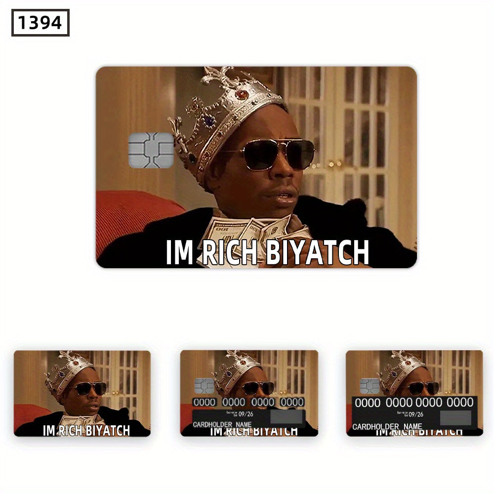 4pcs Waterproof PVC Card Skins - Funny "I'M RICH BIYOTCH" Golden Card Design Stickers | Scratch-Resistant, Non-Slip Glossy-like for Credit/Debit Cards & Keychains | Ultra-Thin Durable Disposable VIP-Style Protectors (Matte Vi