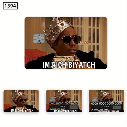 4pcs Waterproof PVC Card Skins - Funny "I'M RICH BIYOTCH" Golden Card Design Stickers | Scratch-Resistant, Non-Slip Glossy-like for Credit/Debit Cards & Keychains | Ultra-Thin Durable Disposable VIP-Style Protectors (Matte Vi