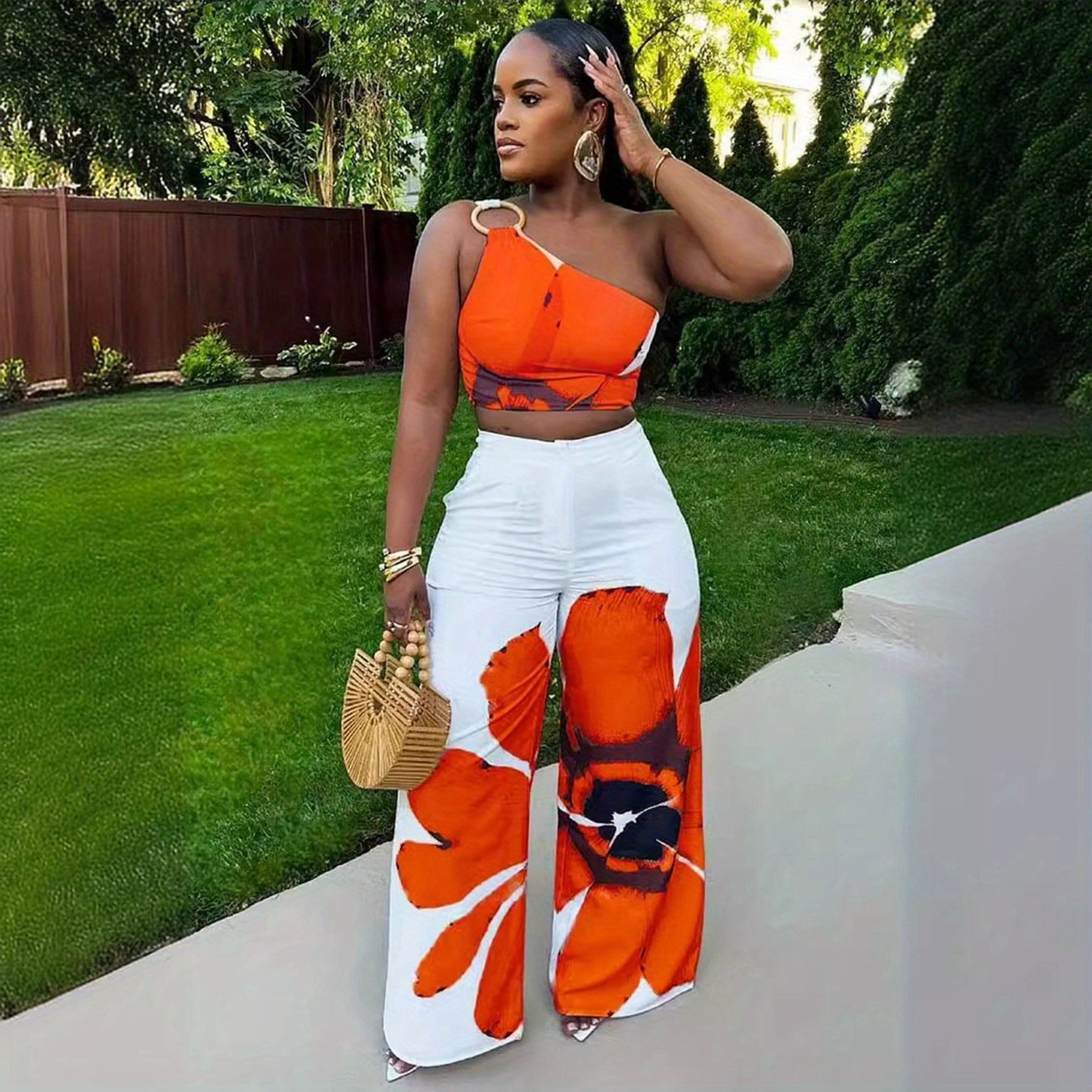 D9738 Women'S Y2K Fashion Floral Print One-Shoulder Slim Fit Wide-Leg Pants Two-Piece Set - Sexy Spring/Fall Outfit, Spring Fashion|Sleek Shoulder Design|Polyester Fabric