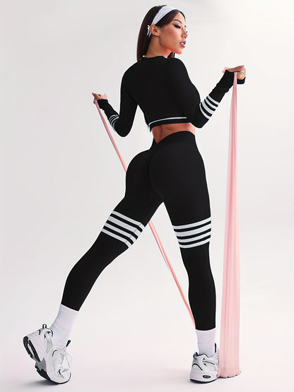 3pcs Women's Full Athletic Set - Seamless Striped Quick-Dry Sports Bra, Tight-Fitting Long Sleeve Gym Pants with Moai Panel Technology | High-Elasticity Moisture-Wicking Fabric for Running, Gymnastics, Training Outfit (All-Se