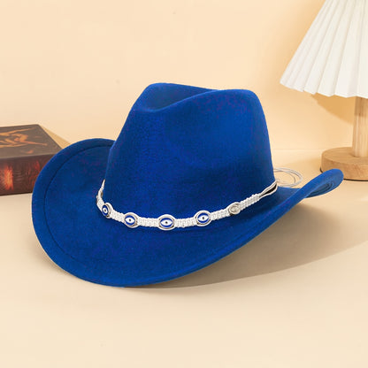 1pc Unisex Western Cowboy Hat with Blue Embellished Band - Lightweight All-Season Detachable Decorative Hat for Outdoor Travel, Parties & Festivals
