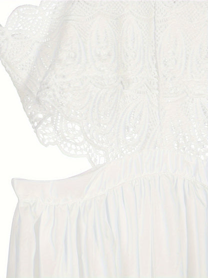 Women Hollow Out Lace Halter Dress, Crochet High Waist Pleated Maxi Dress Wedding Party Dress