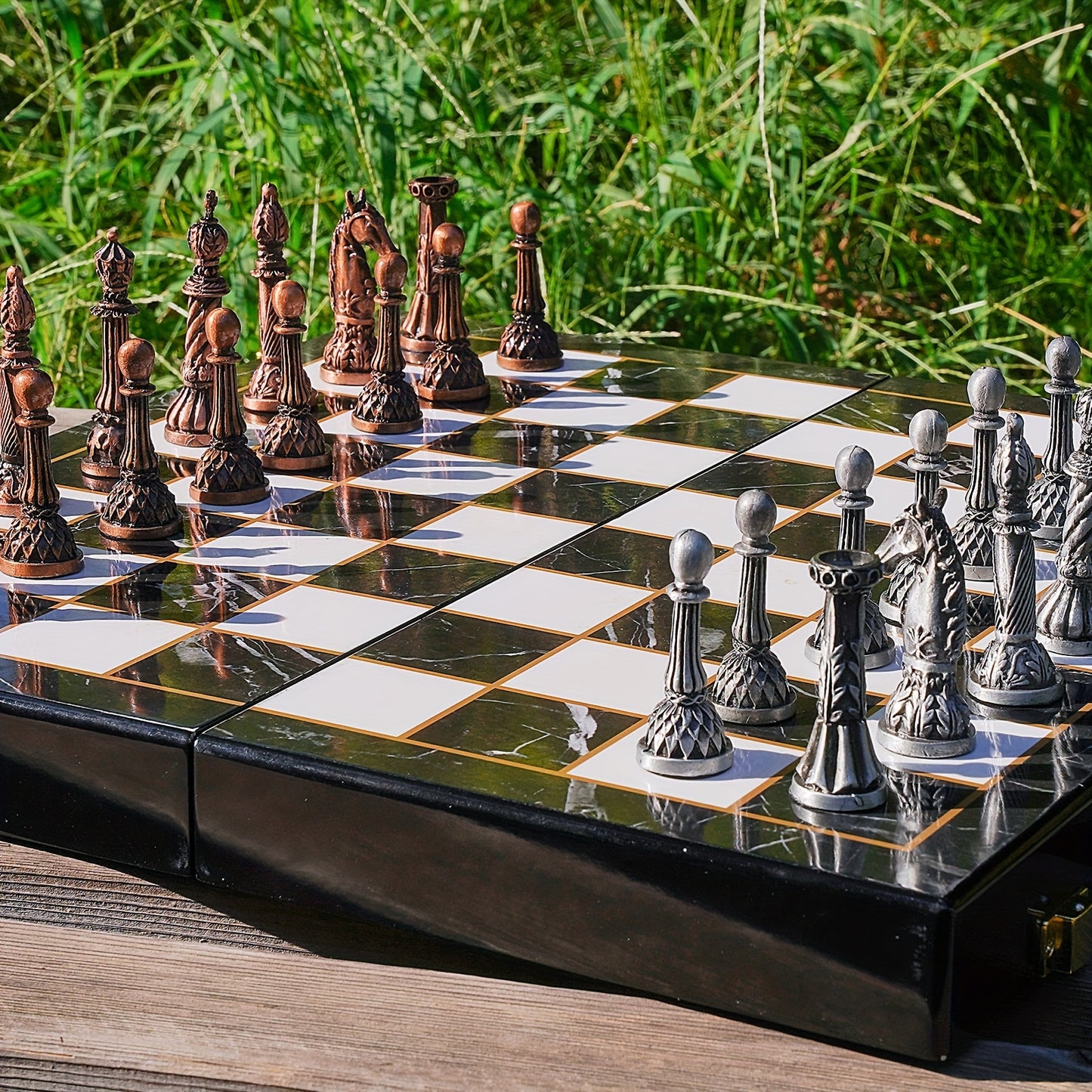 15 Inch Retro Metal Chess Set for Adults Marbling Chess Board with Chess Pieces Travel Chess Set with Metal Pieces Folding Chessboard Ideal for Beginners And Professional Players Halloween, Christmas Gift