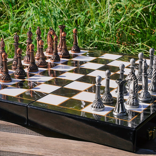 15 Inch Retro Metal Chess Set for Adults Marbling Chess Board with Chess Pieces Travel Chess Set with Metal Pieces Folding Chessboard Ideal for Beginners And Professional Players Halloween, Christmas Gift