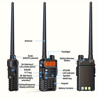 2-Pack ALERVITES Multi-Band Ham Radio Handheld - Remote Walkie-Talkies with AT-5RX Upgrade Technology, Portable Two-Way Radios for Adults, Camping, Hiking, Travel, Frequency Copy, Airband Compatible, USB Rechargeable, Black,