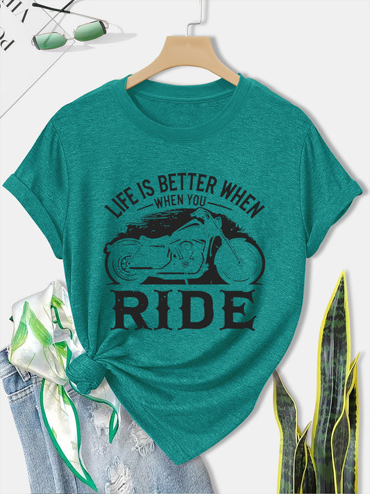 Women'S Motorcycle Graphic Long Sleeve T-Shirt - Turquoise Riding Slogan Print, Loose Fit Casual Top with Round Neck, All-Season Comfort for Motorcycle Enthusiasts, Outdoor Riding & Casual Attire, Breathable & Durable Apparel
