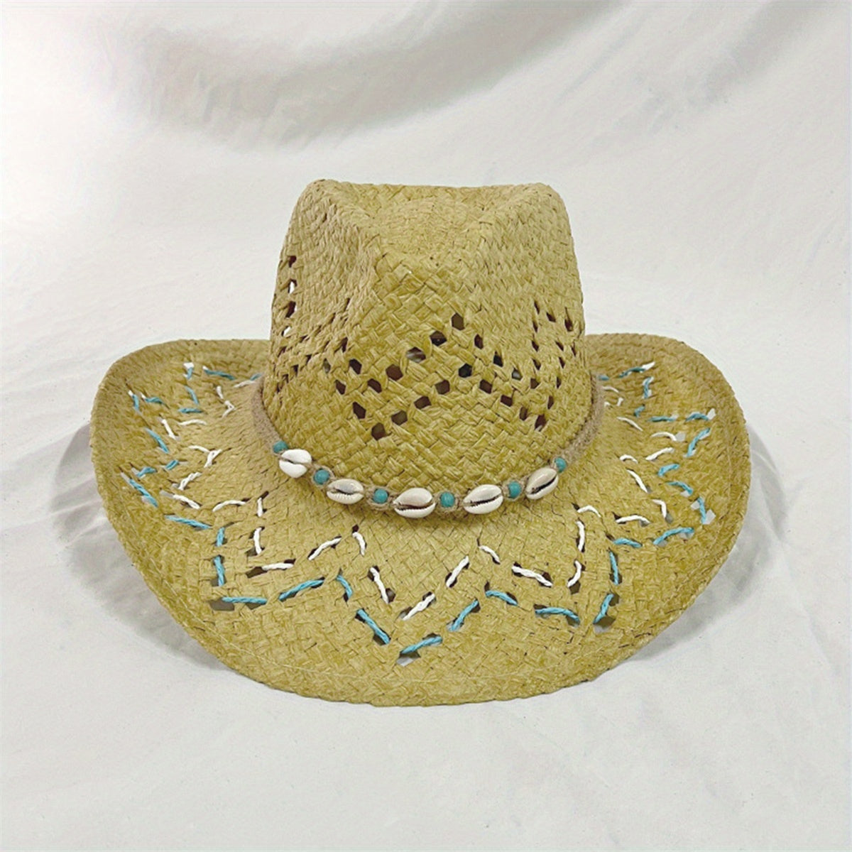 Women Summer Western Cowgirl Hat Bead Belted Wide Brim Straw Beach Cap