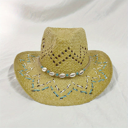 Women Summer Western Cowgirl Hat Bead Belted Wide Brim Straw Beach Cap