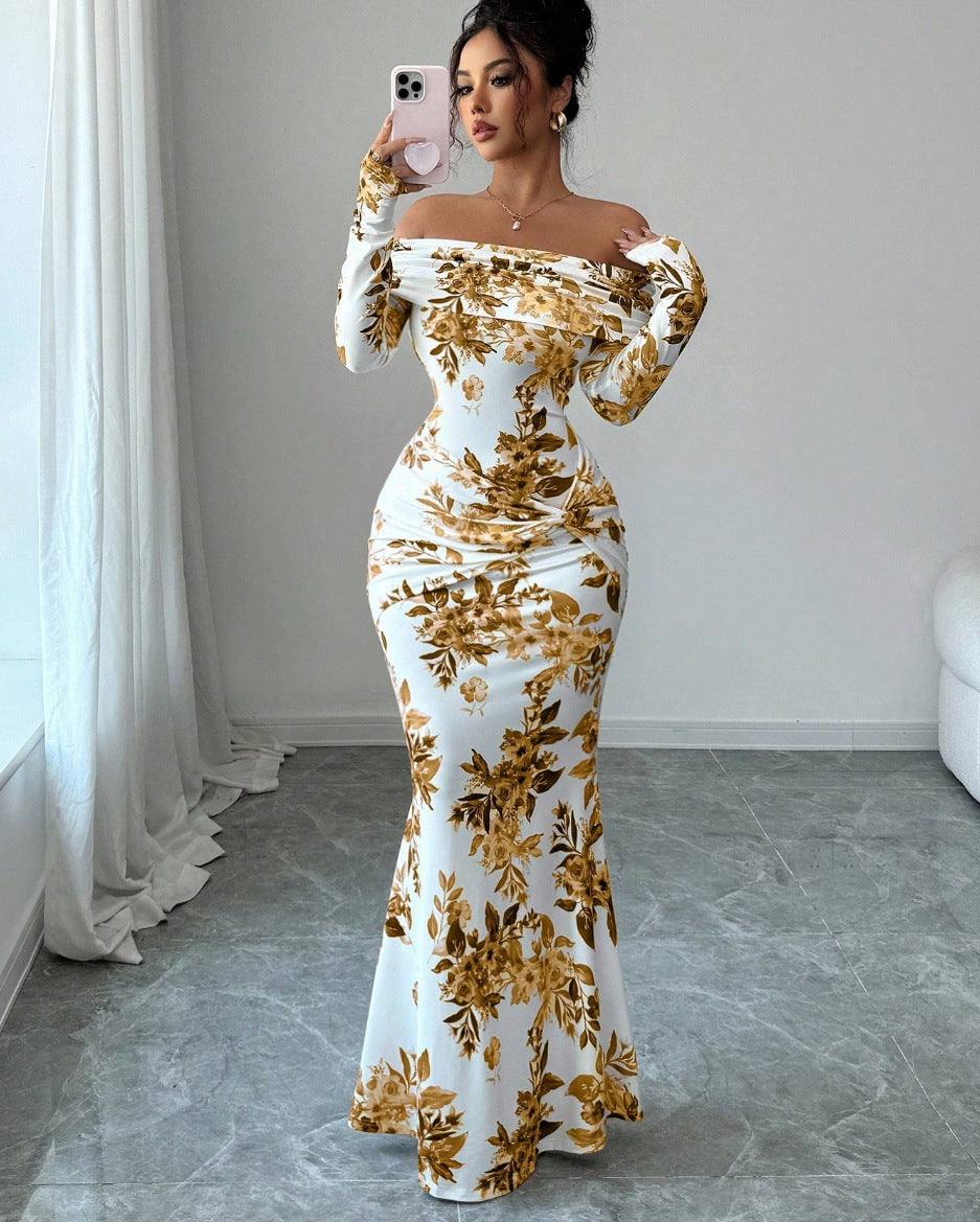 LUCKFOX Women's Clothing 2026 Waist and Thin Spring Early Spring Women's Clothing New Models, Daily Wear, Enjoy Elegant and Beautiful Printed Long Dress Temperament Slim One-word Shoulder Long-sleeved Dress Women Are Now