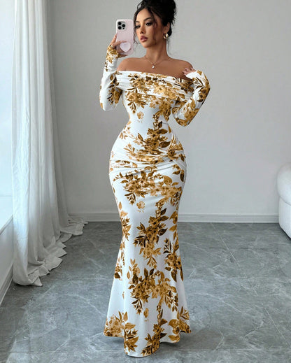 LUCKFOX Women's Clothing 2026 Waist and Thin Spring Early Spring Women's Clothing New Models, Daily Wear, Enjoy Elegant and Beautiful Printed Long Dress Temperament Slim One-word Shoulder Long-sleeved Dress Women Are Now