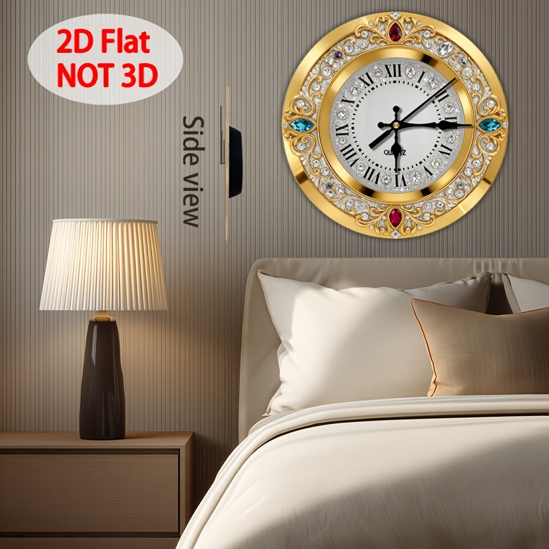 1pc 2D plane wall-mounted clock decoration, 10/12inch Golden multi-jewel crystal decorated wooden wall clock, diamond effect/pattern, no diamonds word wooden circular wall-mounted clock, wooden circular decorative clock with