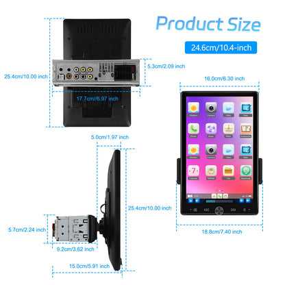 PODOFO Single Din Car Radio with Wireless Carplay Android Auto, 10.4 Inch Vertical Touch Screen Car Stereo with Mirror Link, FM/ RDS Radio, Car Radio Audio Receivers with EQ AUX/ USB+Backup Camera+Mic, Car Radio with Wireless