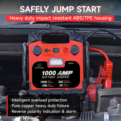 Heavy-Duty 1000A Peak, 12000mAh Fast-Charging Jump Starter with USB/DC Output, Portable Car Battery Booster with LED Light, for Cars, Trucks, SUVs, Boats, RVs - Compatible with Lead Acid/Battery/USB Power - Ideal for Emergenc