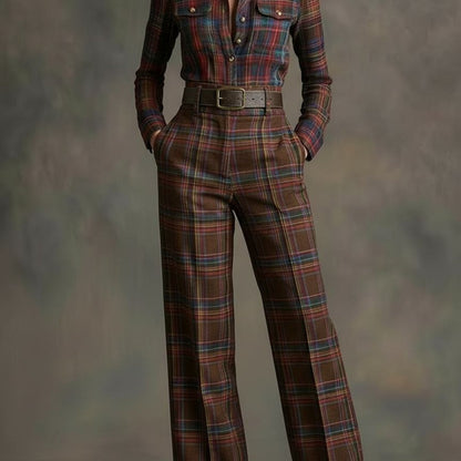 2pcs Set: Vintage Plaid Shirt + Wide-Leg Pants | American Western Retro Style, Suitable for Daily Commuting, Outdoor Leisure Occasions, and Fall/Winter Seasons
