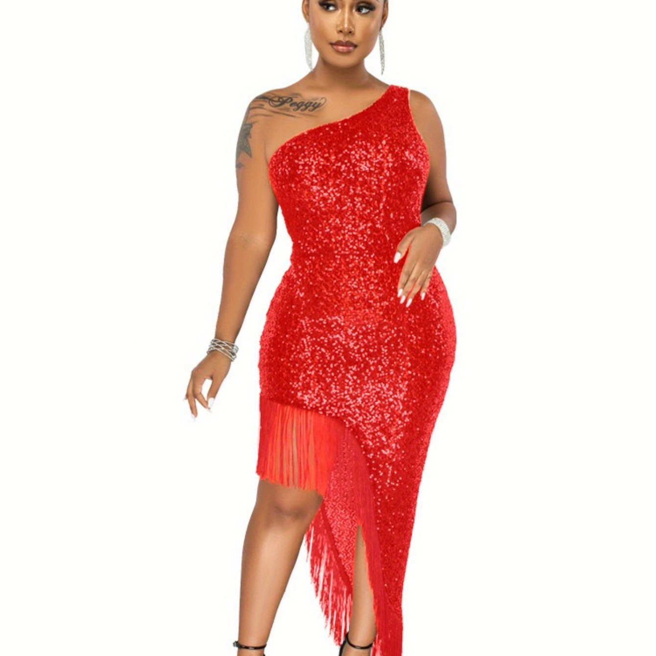 Women'S Sparkling Off-Shoulder Sequin Fringe Evening Gown - Sexy A-Line Short Dress with Asymmetrical Hem & Long Sleeves, Shiny Party Dress for Year-Round Wear, Prom, Galas & Special Occasions (No Padding, Loose Fit), Formal