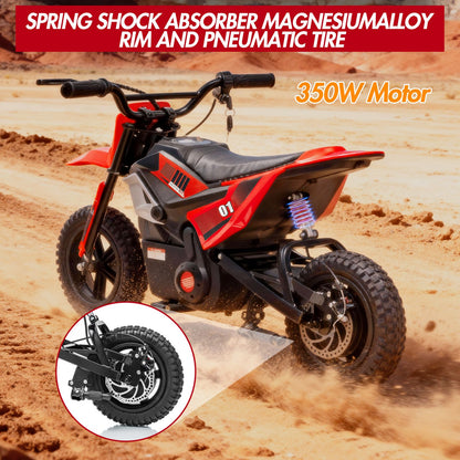 24V 350w Kids Motorcycle, 13. 67 Mph Max Speed Kids Electric Bike, Dirt Bike with Rear Wheel Suspension, Music, 12 Miles Range, Twist Grip Throttle, Metal Suspension, Rubber Tire, Leather Seats