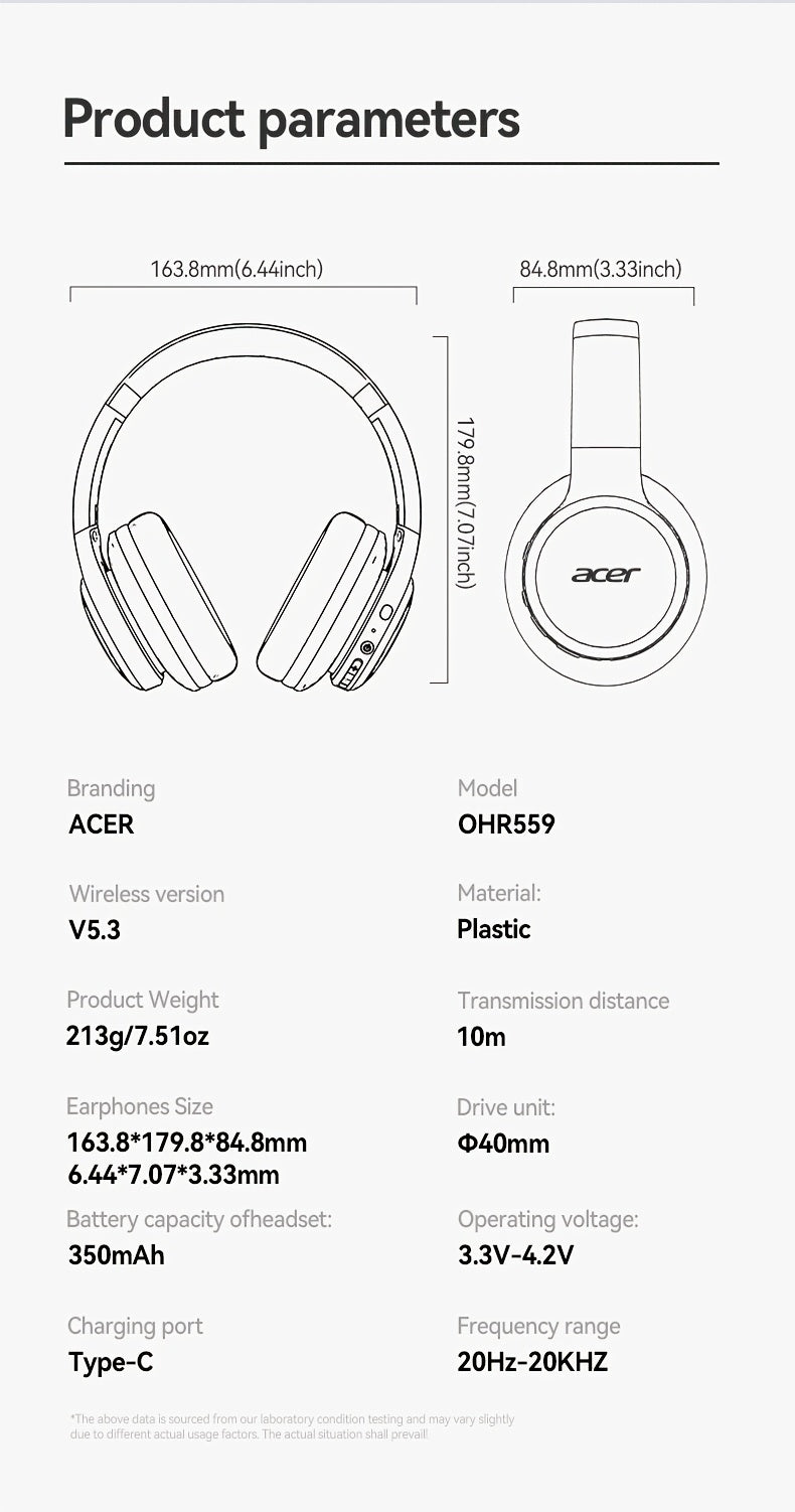 [Hi-Fi Acer Headphones] Acer OHR559 Over-Ear Headphones | Hi-Fi Heavy Bass, 60h Ultra-Long Battery Life, Wireless & Wired Dual Mode, Low-Latency Gaming, Extra-Large Diaphragm, Comfortable Fit