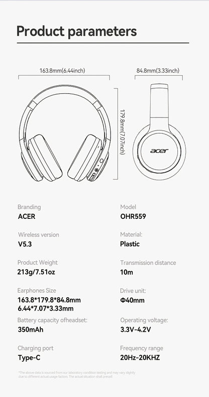 [Hi-Fi Acer Headphones] Acer OHR559 Over-Ear Headphones | Hi-Fi Heavy Bass, 60h Ultra-Long Battery Life, Wireless & Wired Dual Mode, Low-Latency Gaming, Extra-Large Diaphragm, Comfortable Fit