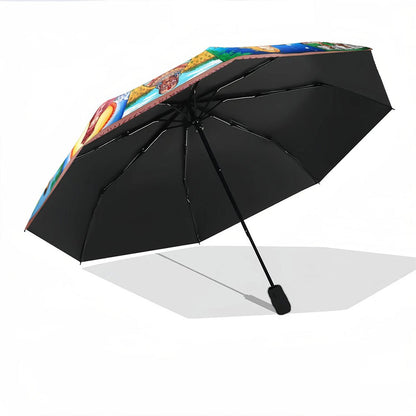 Automatic Folding Umbrella with Greek/Roman/Romanesque Mythology Panels - 8-Rib Compact Collapsible Design, Auto-Open/Close, Greek Goddess & Roman God Art (Poseidon, Athena, Zeus) - Portable Umbrella for &, Cultural Gift Idea
