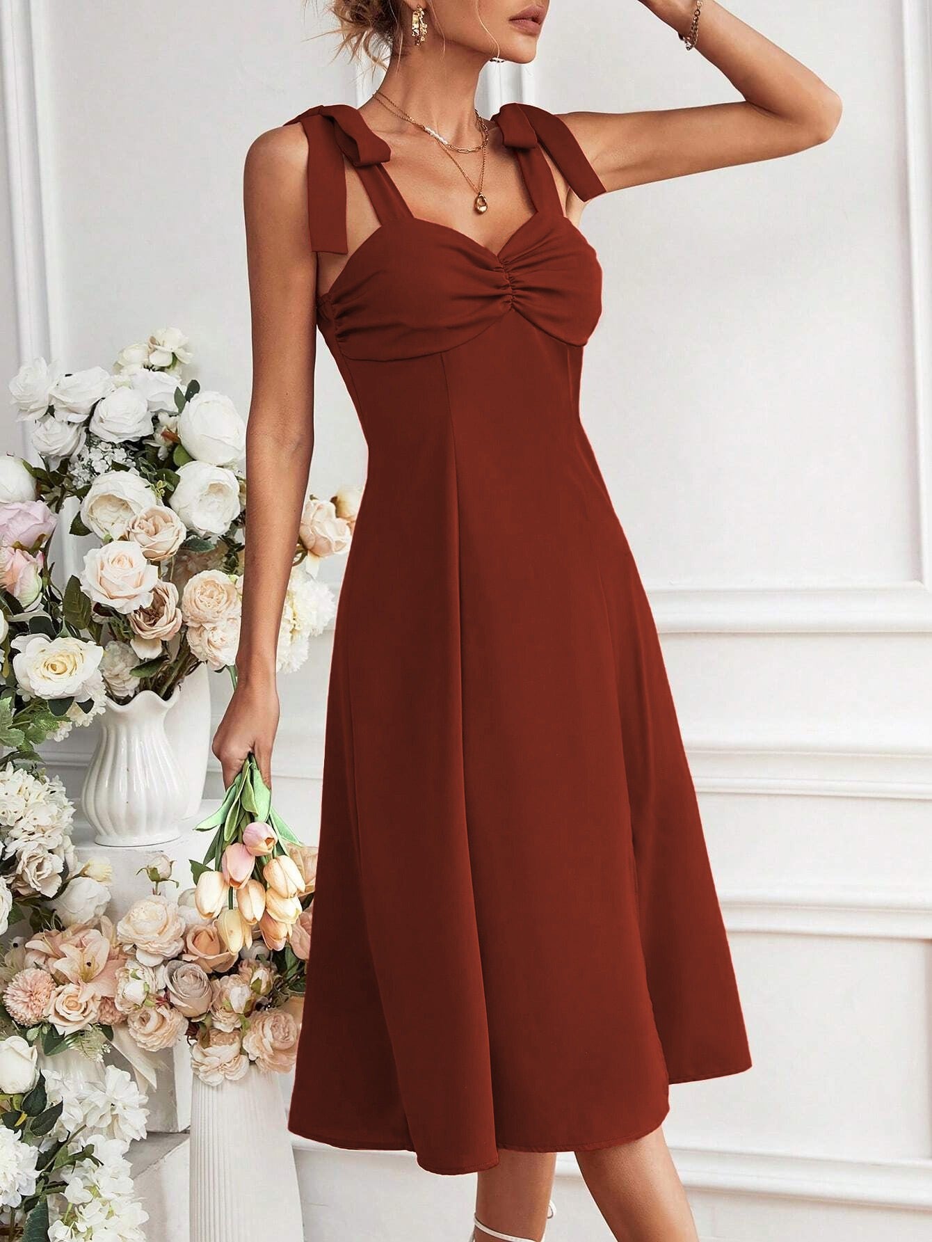 Line -Neck Shimmer Midi Dress - Front Ruching & Side Slit Waist-Defining Dress Suitable for Date Night, Spring/Summer Wedding Guest Dress - Machine Washable Solid Color Elegant Dress