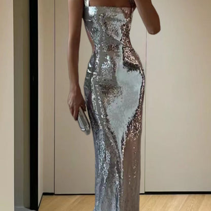 A long slip dress with Silvery sequins with an open back shines and exudes elegance, Sparkling Sequin Dress, Sequin Formal Dress Women, Elegant Dresses for Women Evening Party, Classy Dresses for Women, Sparkly Dresses for Wo