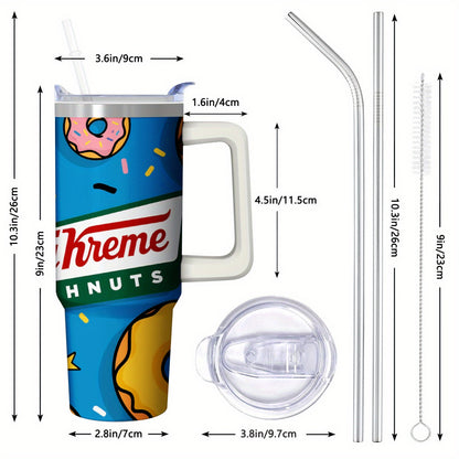 Krispy Kreme Donuts Stainless Steel Travel Mug with Donut Pattern & Logo - Double-Wall Insulated 304 Stainless Steel Cup for Hot/Cold Coffee & Tea, Spill-Proof Lid, Camping & Office Use, Nostalgic Collectible Gift for Fans (B