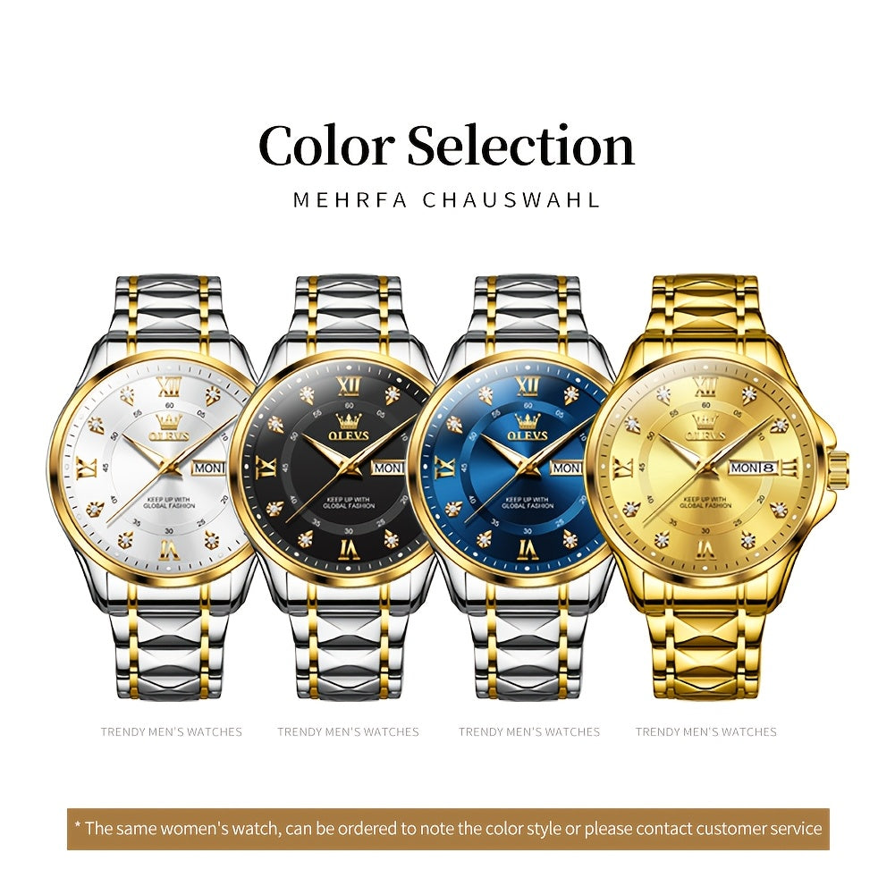 OLEVS Men's Luxury Business Chronograph Watch - Stainless Steel Dual Date & Day Calendar, Luminous Hands, Quartz Movement, Black Dial with Golden Accents for Formal & Casual Wear, Professional Timepiece, Sophisticated Style,