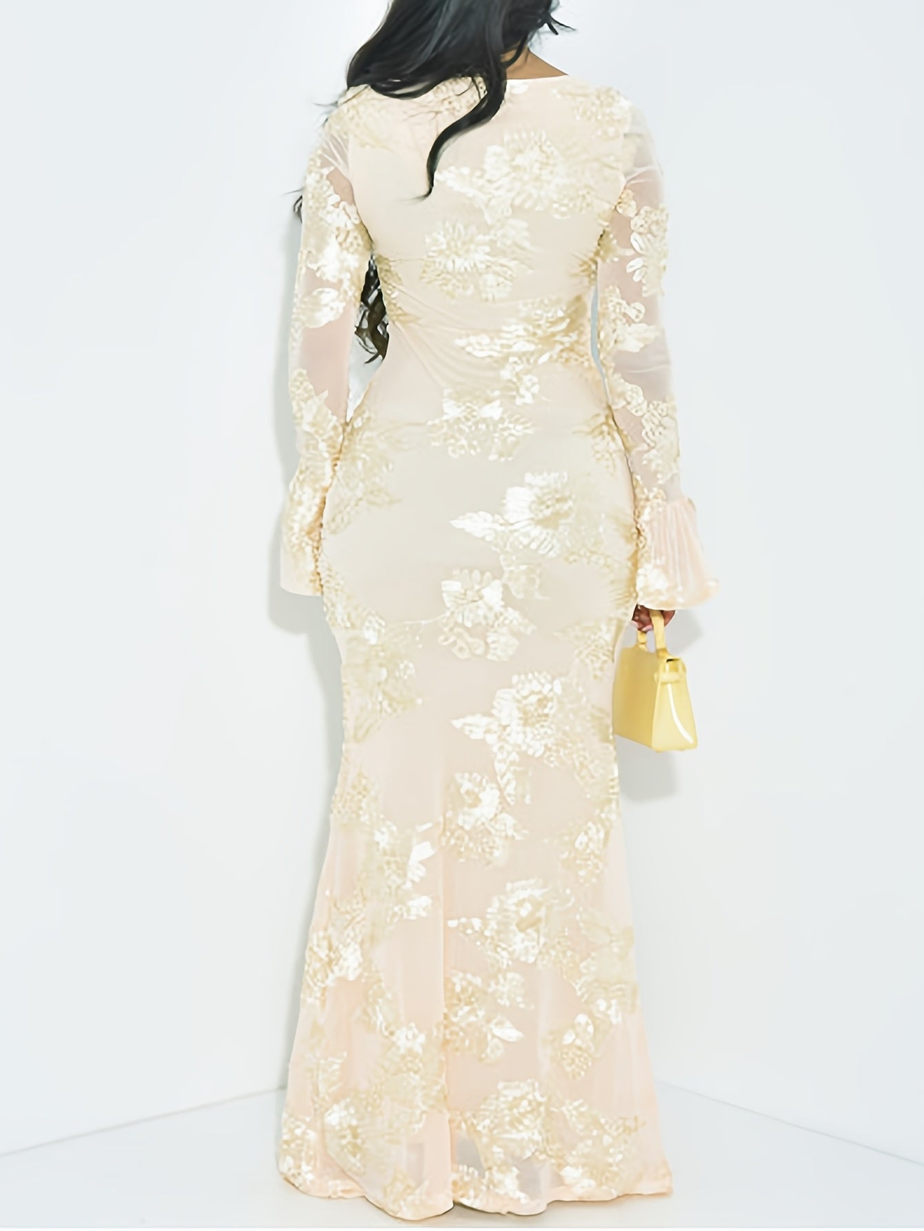 Women'S Elegant Floral Printed Long Dress | Round Neck, Flared Sleeves, Classic and Dignified, Suitable for Formal and Casual Events, Office, Weddings, Machine Washable, Long Length