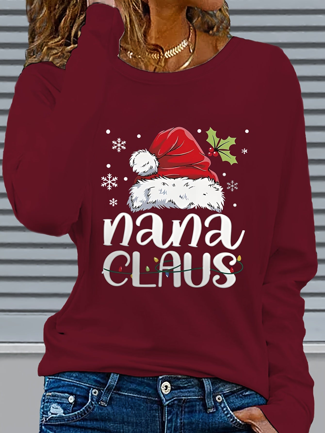 Women'S Christmas Santa Claus & Nana Claus Graphic Print Long Sleeve T-Shirt - Cozy Crew Neck Casual Top with Festive Snowflake & Santa Hat Design, Perfect For Fall/winter Holiday Celebrations, Christmas Shirts