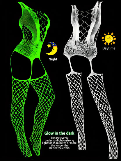 1pc Women's Glow-in-the-Dark Fishnet Onesie - Blue Fluorescent Glow Under Black Light - Activated Luminous High-Stretch Leggings with Skeleton Design - No Padding & Hand Washable - Sexy Lingerie for Valentine's Day, Music Fes