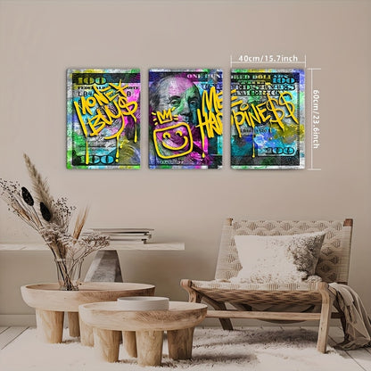 3-Panel Money Wall Art with Graffiti "Money Bus My Happiness" Design - 100 Dollar Bill Canvas Print on Recycled Wood Frame, Vibrant Inspirational Decor for Living Room, Bedroom, Home Office - Ready to Hang, Wall Hanging Decor