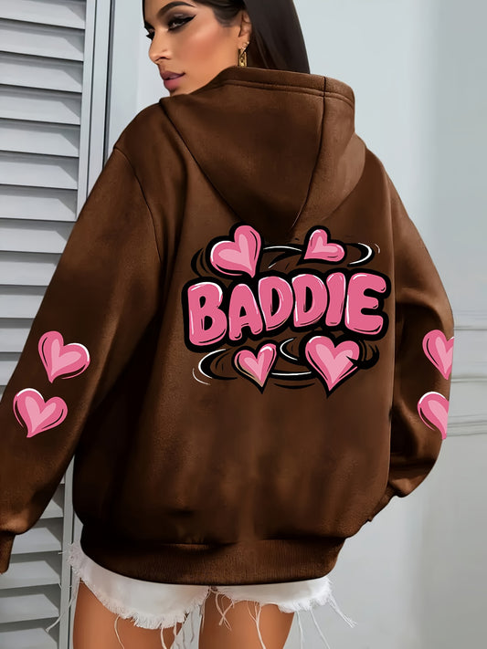 Women's Plus Size Oversized Hooded Sweatshirt 1XL-5XL - Cozy Baddie Graphic Hoodie with Heart Print, Long Sleeve Pullover, All-Season Casual Wear, Black Sweatshirt for Women Suitable for 1XL-5XL