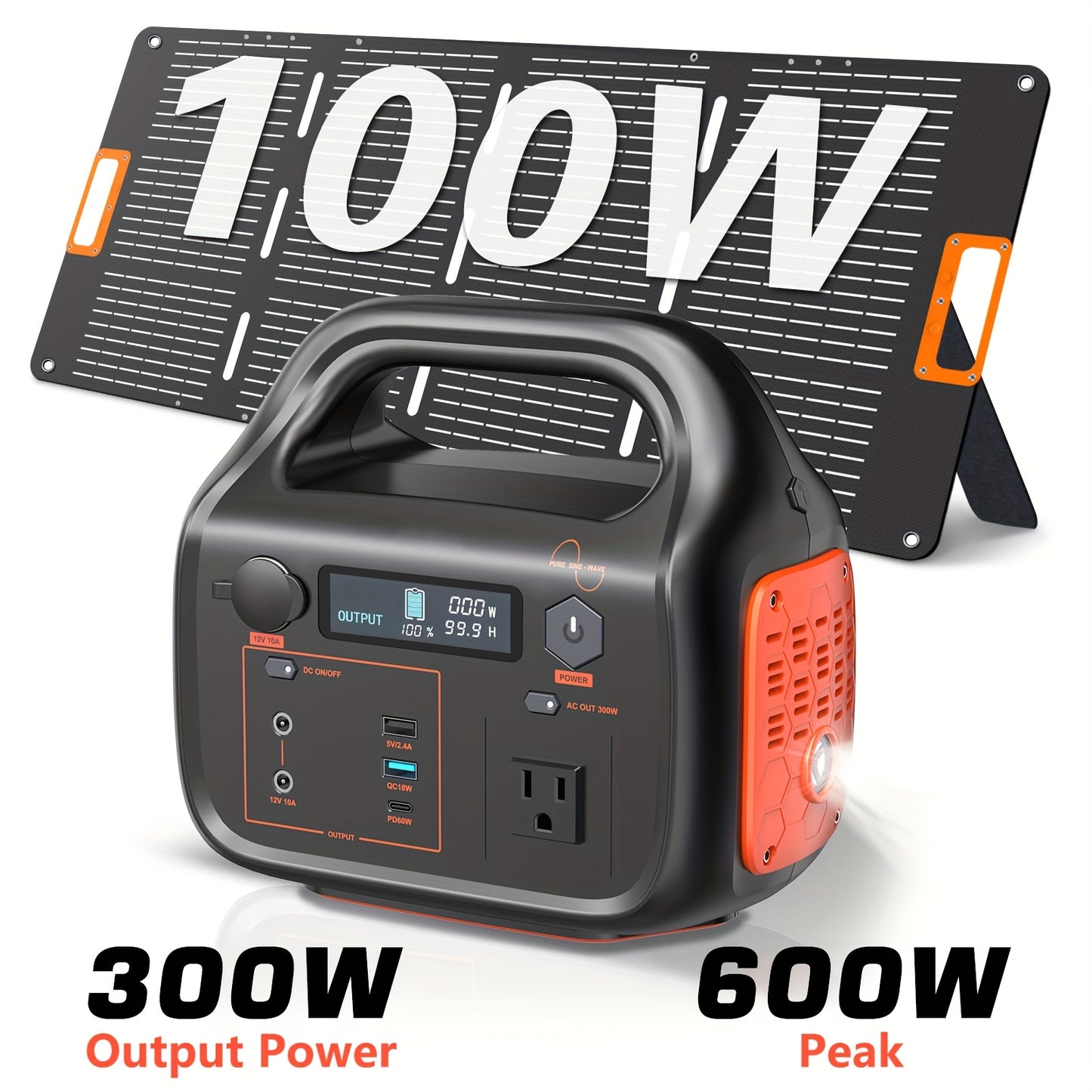 Portable Power Bank with Solar Panel, 293Wh/300W, Suitable for Family Emergency Outdoor Hunting Camping RV Trip, Vehicle Emergency & Backup Power, Portable Generator for Camping, Portable Power Station with Solar Panel, Solar