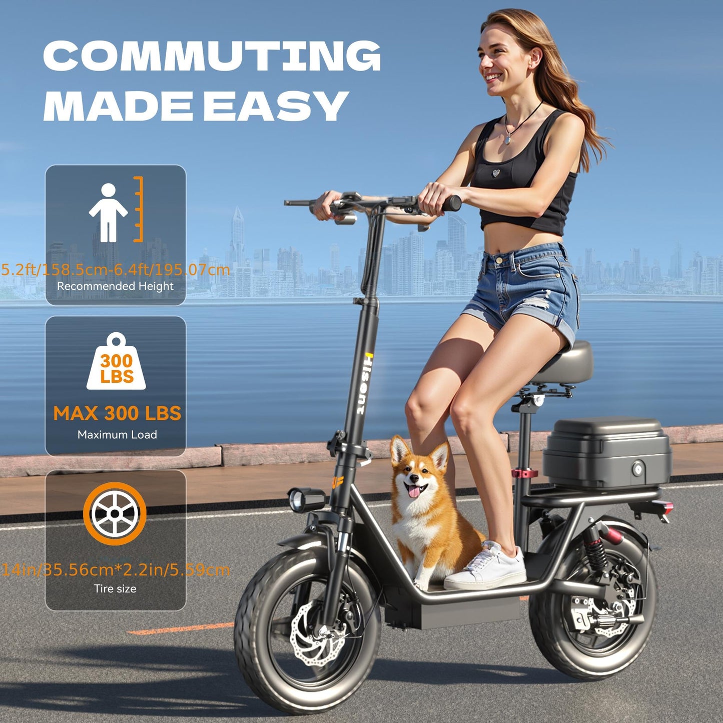 Hisent Adult Electric Scooter- 20 Mph, 740W Peak Motor, 10Ah/15Ah Lithium Battery, 15-40 Mile Range, 14 Foldable With Seat And Storage Box, Dual Suspension, Dual Brake System, Ample Storage, Alloy Steel Frame Durable, Commute