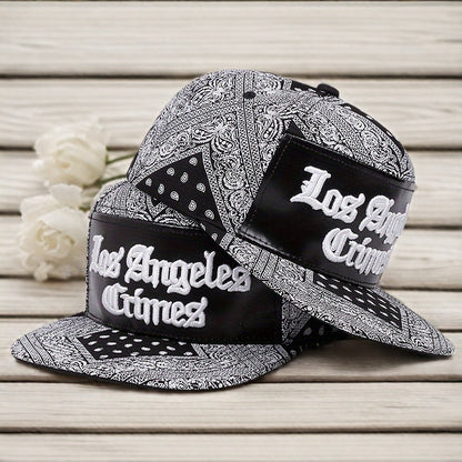 Men's Los Angeles Crimes Baseball Cap - Stylish Black & White Paisley Design with "LACRIMES" Text, Adjustable Fit for Outdoor Sports, Baseball Cap.woven fabric.