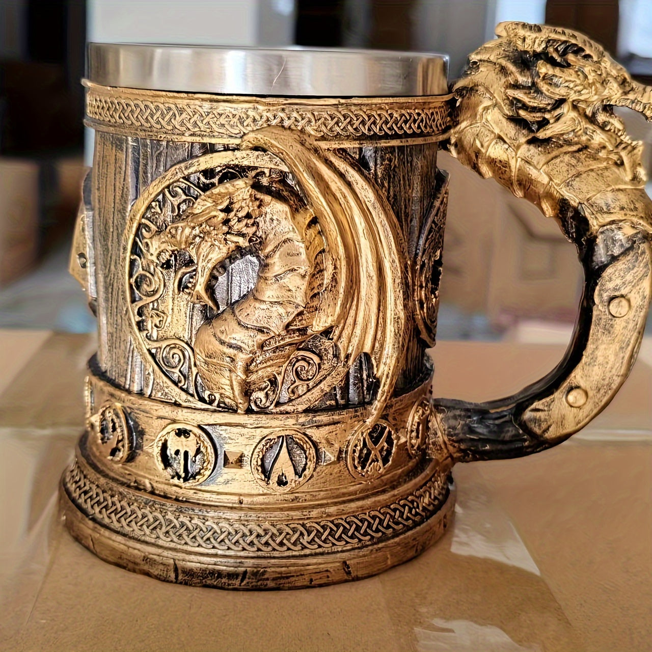 Vintage Medieval Handle Beer Mug: 600ml/20.29oz Large Capacity Stainless Steel Mug - Perfect for Summer Beverages, Coffee, or as a Men's Birthday Gift - Hand Wash Only - Resin Cup Collection