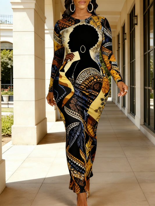 [Women's Dress] Spring/Summer Women's Long-Sleeved Bodycon Dress, African Batik Geometric Print, Elastic Waist for a Flattering Figure, Ethnic Style Outfit for Holidays and Parties, 2026 Early Spring New Arrival