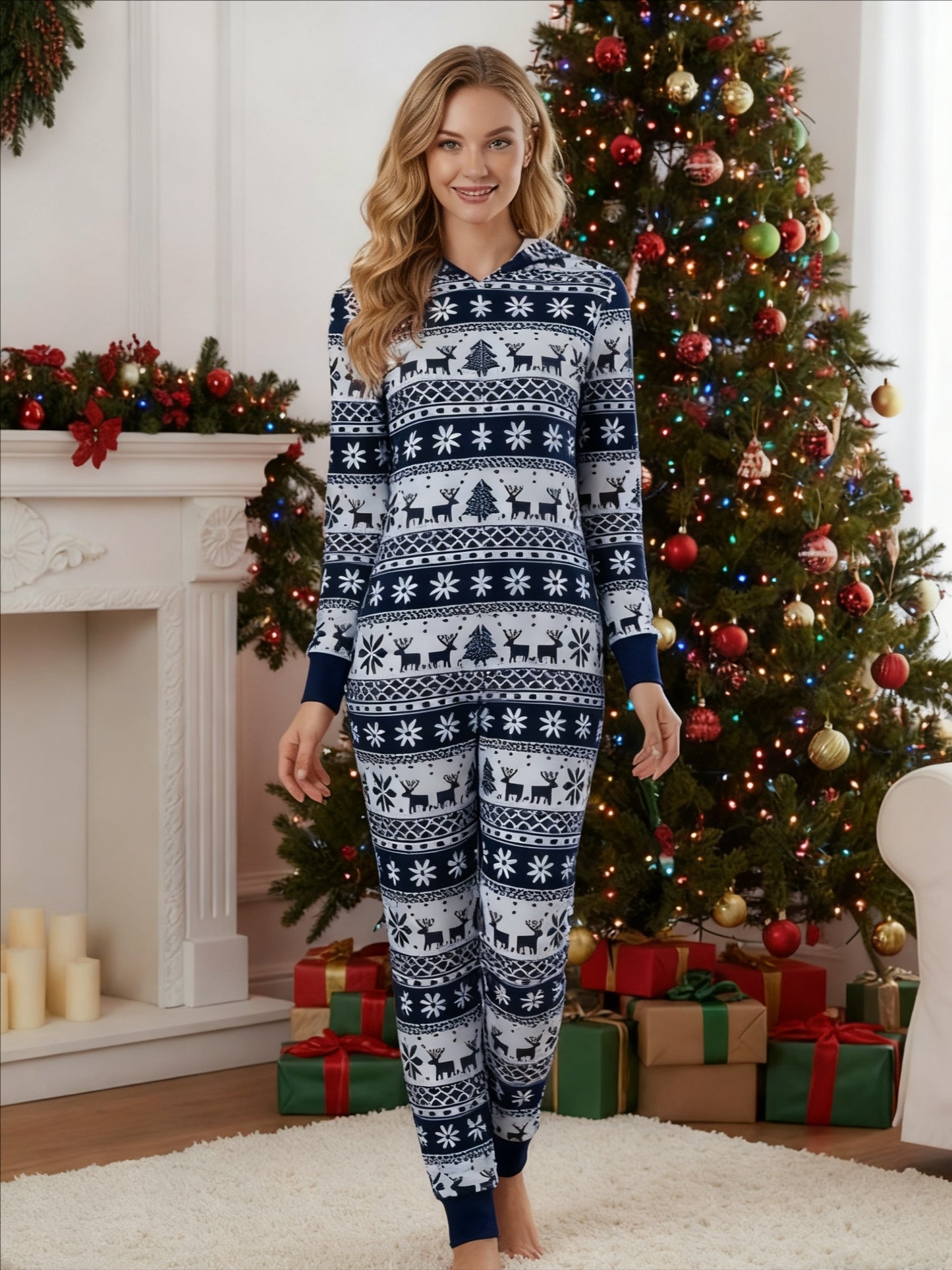 Women'S Christmas Romper Pajamas Cute Snowflake Print Long Sleeve Zip Up Jumpsuit Sleepwear