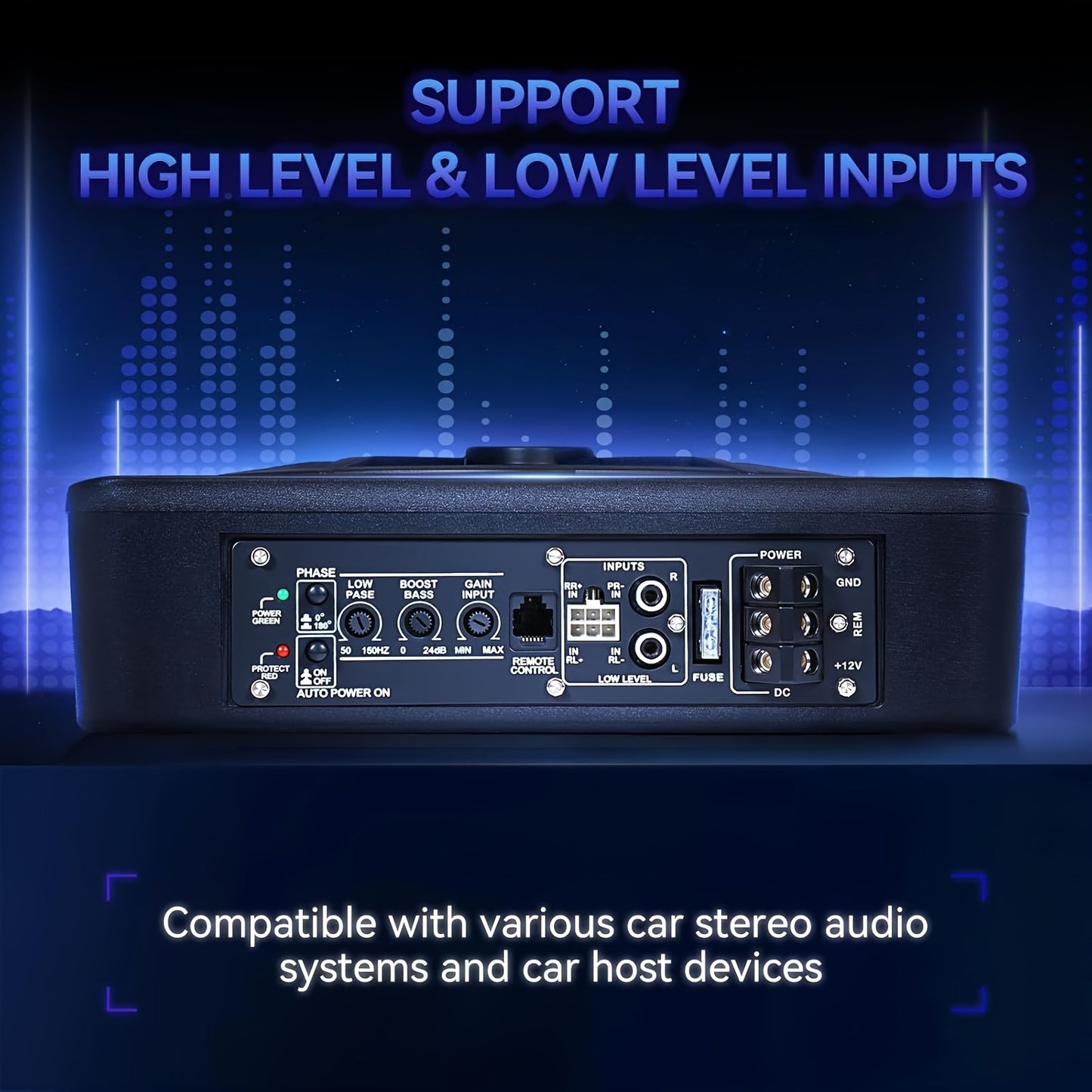 10-inch Spider Subwoofer with 800W Built-in Amplifier | LED Blue Light, High/Low Level Input, -fit Enclosure for Car/Truck Audio