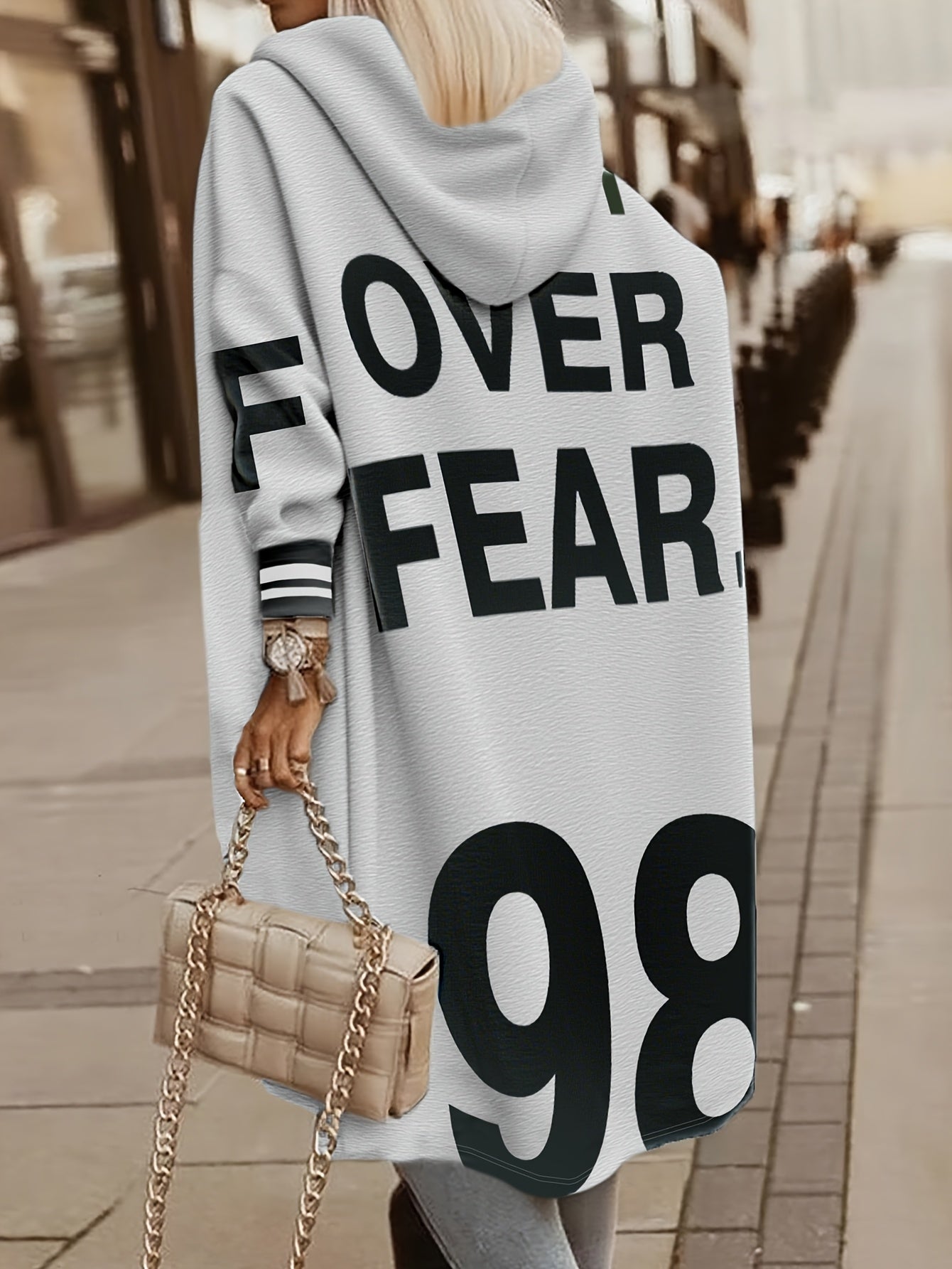 Women's Winter Hooded Jacket with 'LOVE' Lettering & -1 Zippered Coat, Striped Cuff & Pocket Design, Casual Warm Outerwear for Fall/Winter, (Machine Washable) - Everyday Outer Layer, Sweater-like Blazer Style