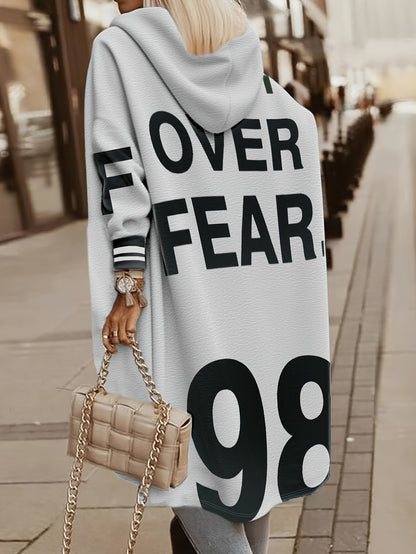 Women's Winter Hooded Jacket with 'LOVE' Lettering & -1 Zippered Coat, Striped Cuff & Pocket Design, Casual Warm Outerwear for Fall/Winter, (Machine Washable) - Everyday Outer Layer, Sweater-like Blazer Style
